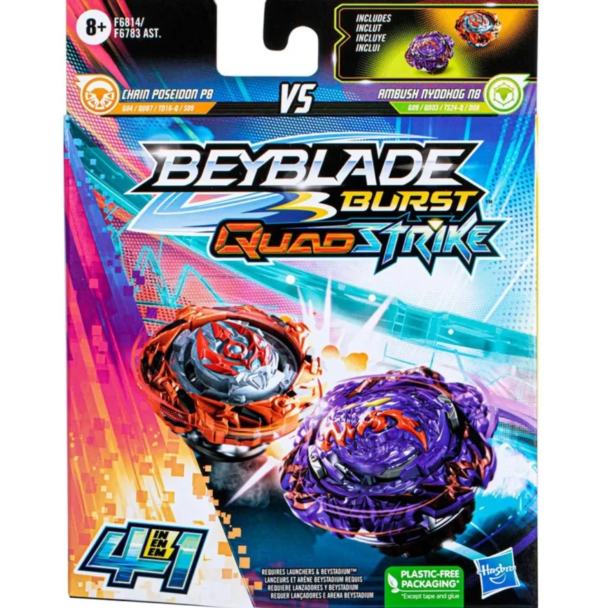 Beyblade Burst QuadStrike Ambush Nyddhog N8 and Chain Poseidon P8 Spinning Top Dual Pack